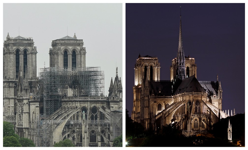 Catedral de Notre Dame depois (à esq.) e antes do incêndio desta segunda (15). — Foto: AFP (esquerda) e Reuters (direita).