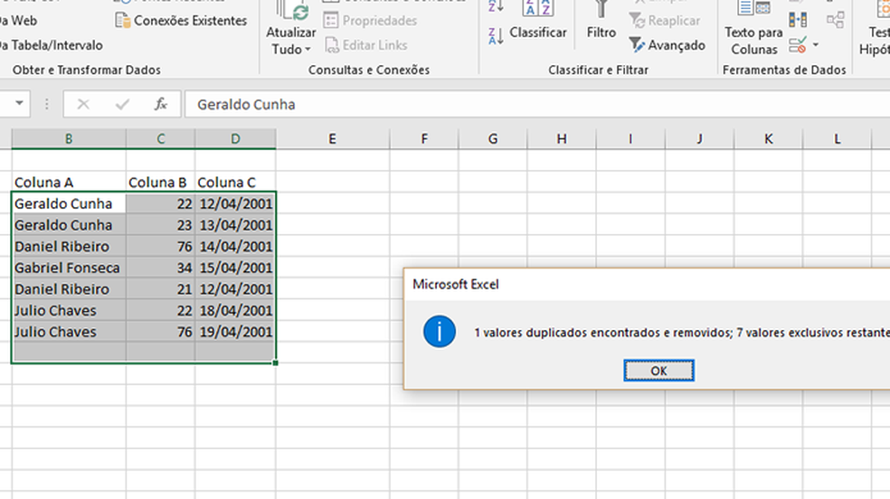 Uma janela informará a identificação e a exclusão da duplicidade de célular no Excel (Foto: Reprodução/Daniel Ribeiro)