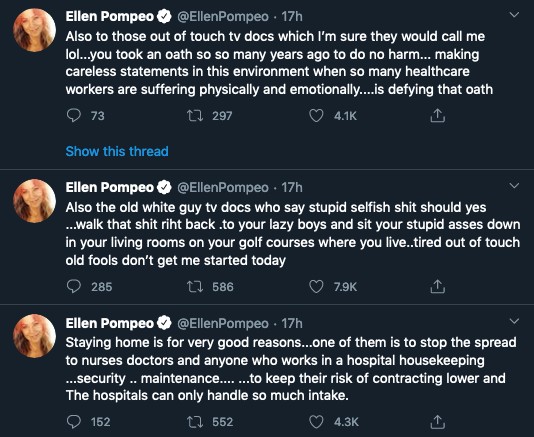 Os tuítes de Ellen Pompeo criticando os médicos celebridades que minimizaram a pandemia do coronavírus (Foto: Twitter)