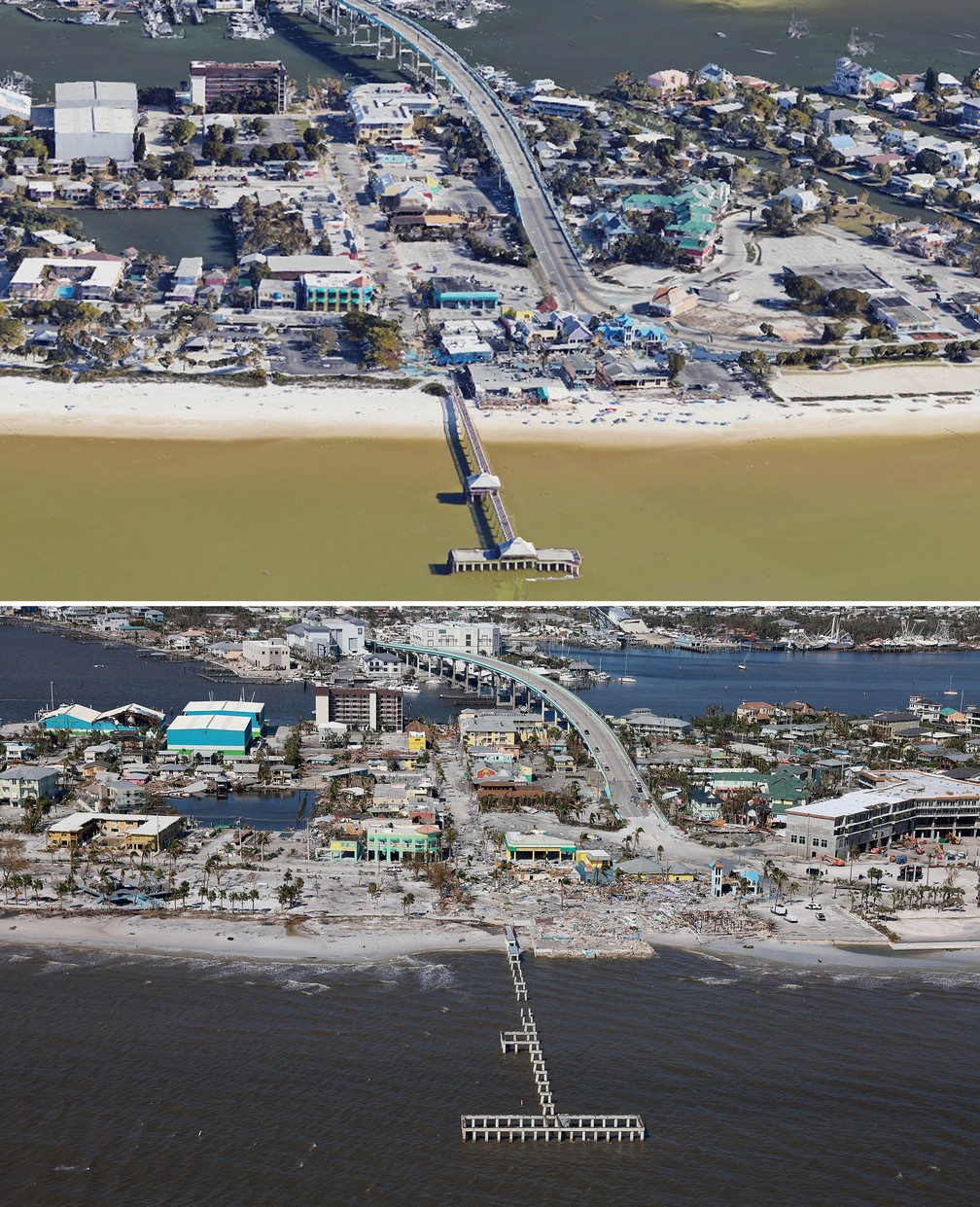 Píer e prédios em Fort Myers ficam danificados após passagem do furacão Ian pela Flórida, EUA — Foto: Google Earth e Joe Raedle/Getty Images North America/Getty Images via AFP