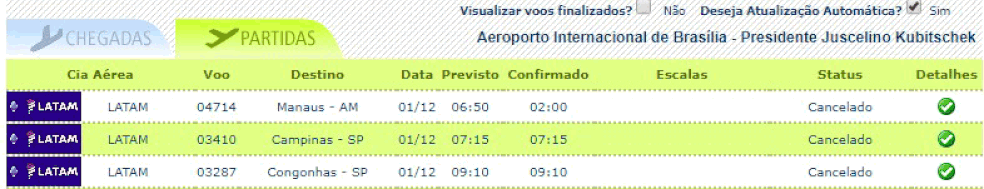 Site da Infraero mostra voo de Brasília para Manaus cancelado — Foto: Infraero/ Reprodução