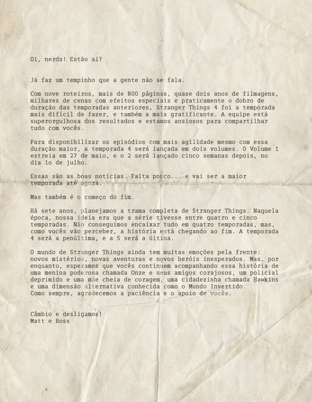 Carta dos criadores de Stranger Things (Foto: Reprodução/Netflix)