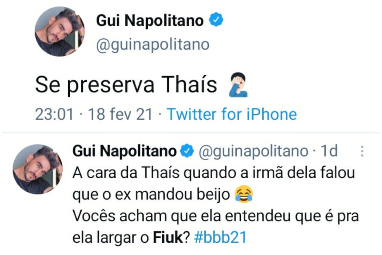 Gui Napolitano alfineta Fiuk no BBB21 (Foto: Reprodução/Twitter)