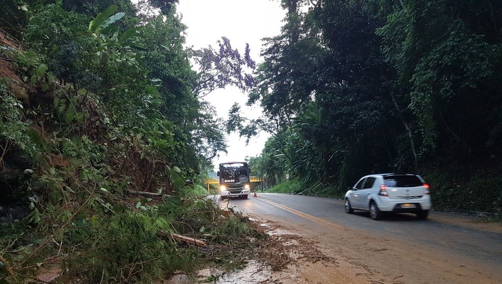 Deslizamento de terra afeta o trânsito na BR-101, em Angra dos Reis (Foto: Rachel Lemos/TV Rio Sul)