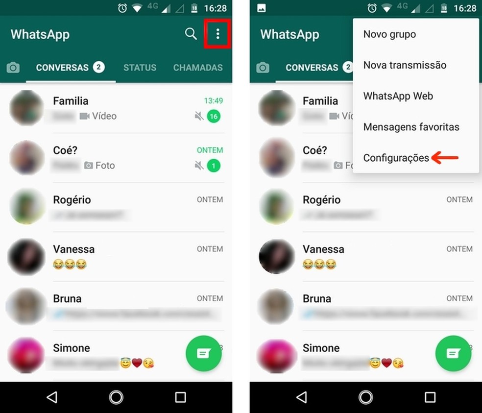 Acesse as configurações do WhatsApp para Android — Foto: Reprodução/Raquel Freire