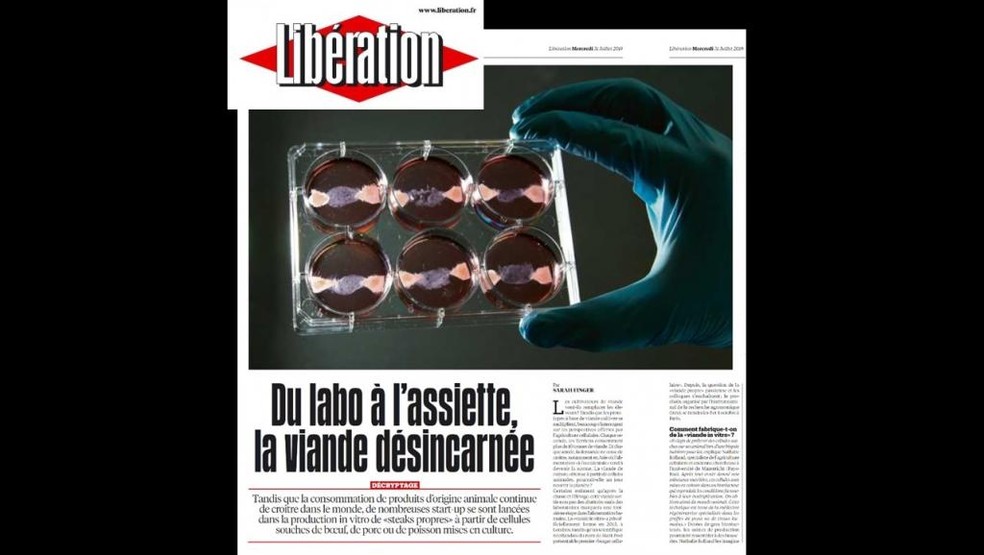 O jornal Libération desta quarta-feira (31) traz matéria sobre o desenvolvimento da carne artificial — Foto: Fotomontagem RFI