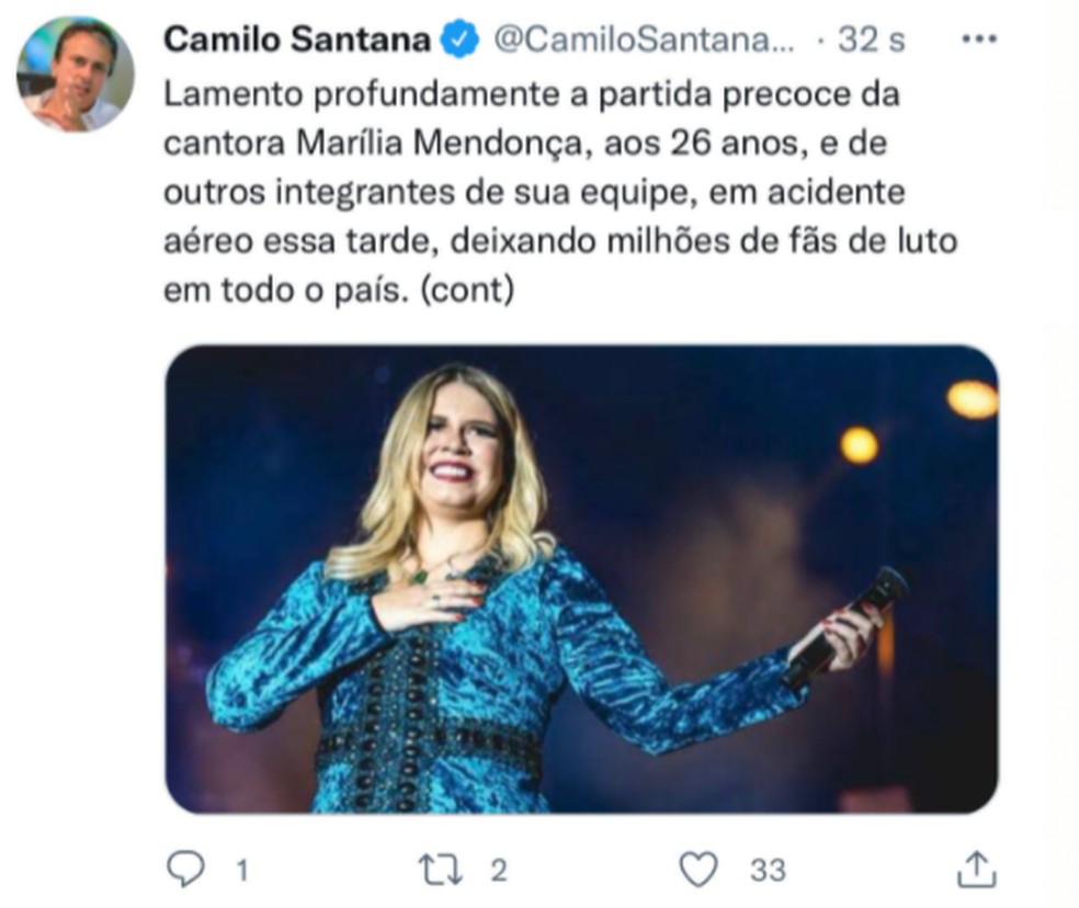 Governador Camilo Santana lamentou morte de Marília Mendonça. — Foto: Redes sociais