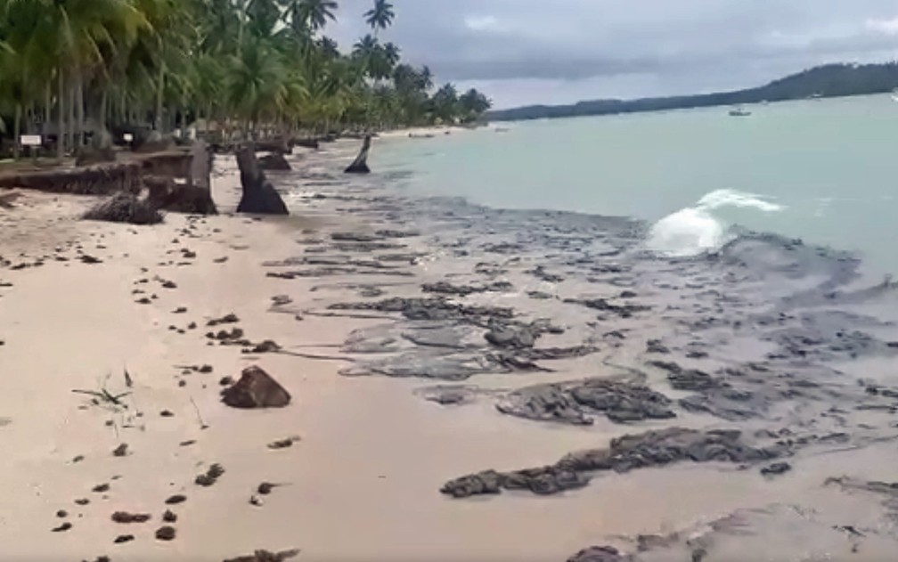 Óleo chegou a Praia dos Carneiros, em Tamandaré, no Litoral Sul de Pernambuco, nesta sexta-feira (18) — Foto: Reprodução/WhatsApp