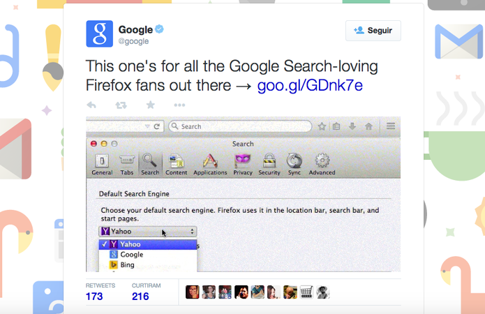 Google quer que você pare de usar o Yahoo como motor de buscas no Firefox (Foto: Reprodução/Twitter)