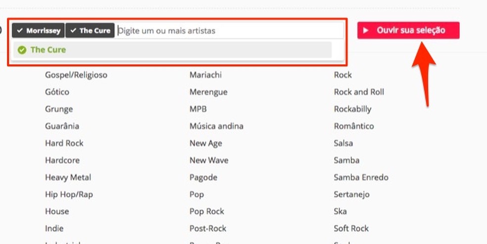 Ação para criar uma playlist com artistas combinados no serviço online Ouvir Música — Foto: Reprodução/Marvin Costa