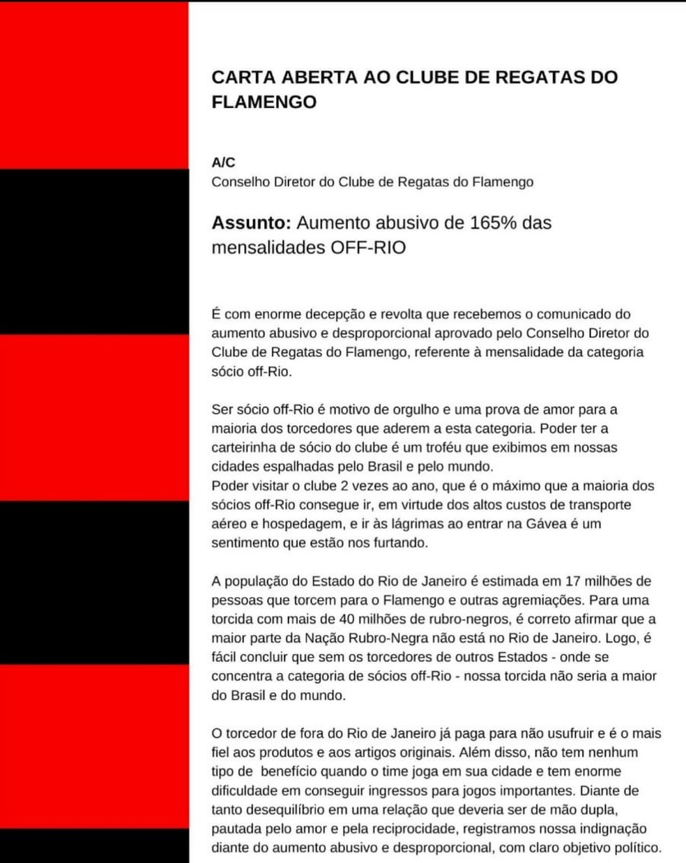 Carta de sócios Off-Rio do Flamengo — Foto: Reprodução