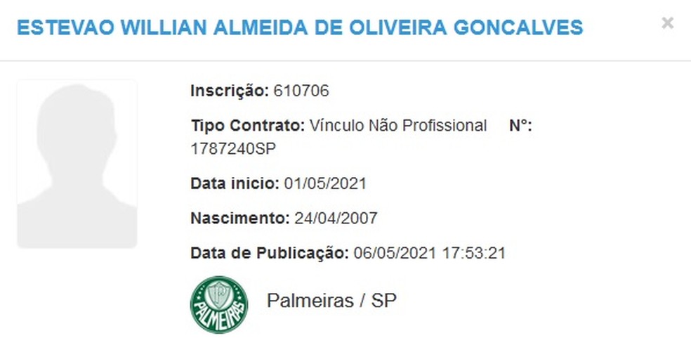 Garoto Estevão Willian teve o nome registrado no Palmeiras — Foto: Reprodução/ CBF