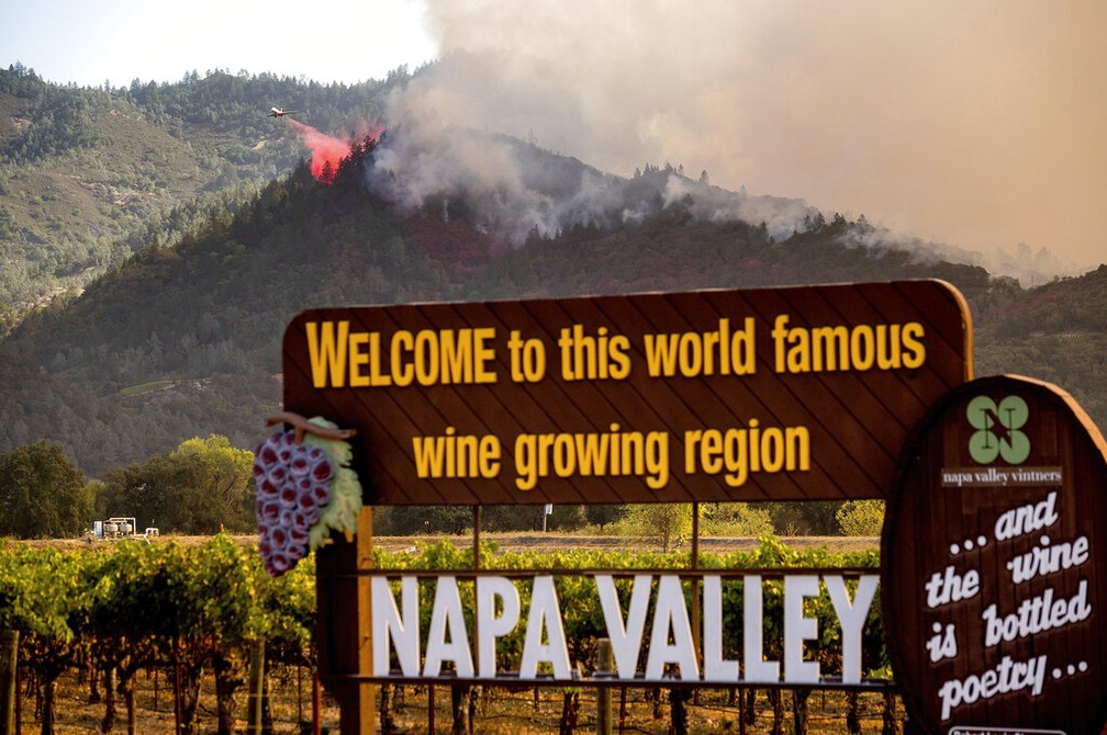 Região vinícola da Califórnia sofre com incêndio neste domingo (27) — Foto: Noah Berger/AP Photo
