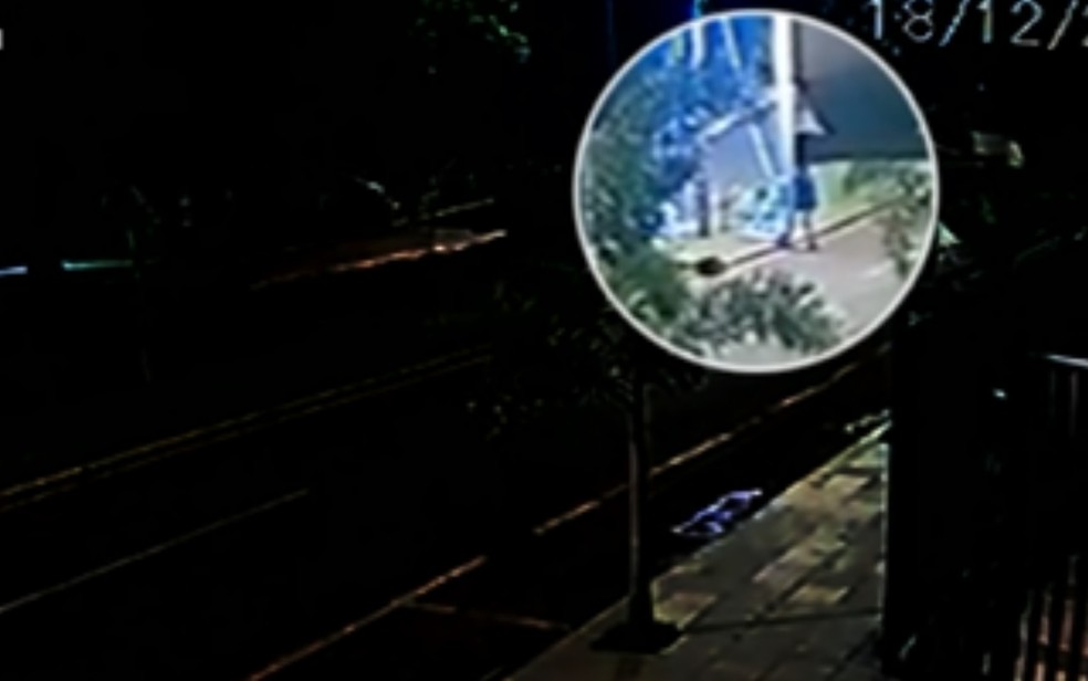 Momento em que vândalo destrói árvore de Natal em avenida de Itumbiara, em Goiás — Foto: Reprodução/TV Anhanguera