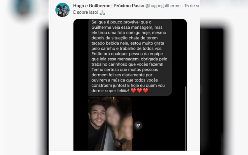 Fã agradece por ter tirado foto com Guilherme, da dupla com Hugo, após show em Barro Alto, Goiás — Foto: Reprodução/Twitter