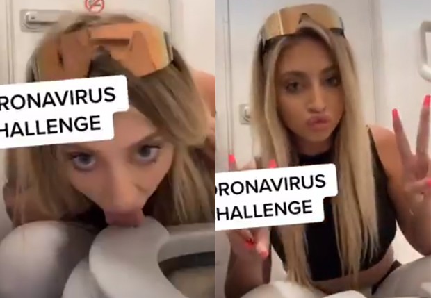Blogueira norte-americana Ava Louise lambe assento sanitário de avião em meio à pandemia do novo coronavírus (Foto: Reprodução)