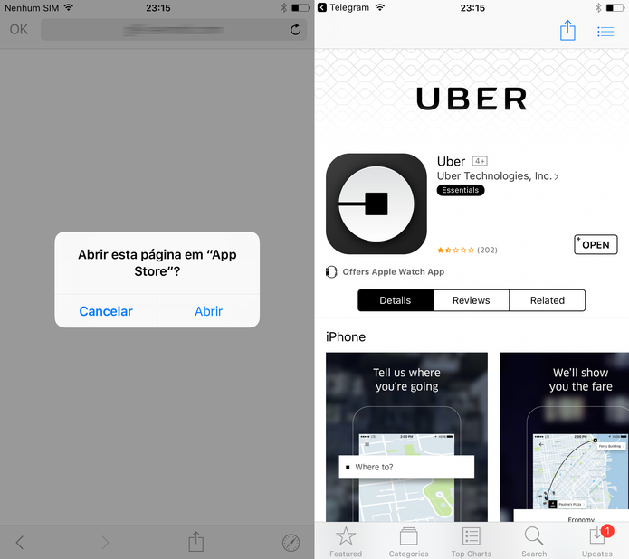 No iPhone, página leva a download do aplicativo do Uber (Foto: Reprodução)