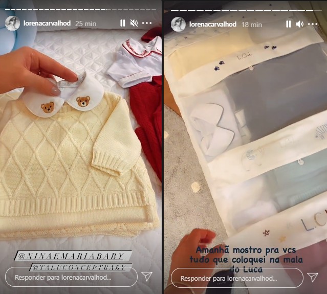 Lorena Carvalho mostra detalhes da mala de maternidade de seu primeiro filho (Foto: Reprodução)
