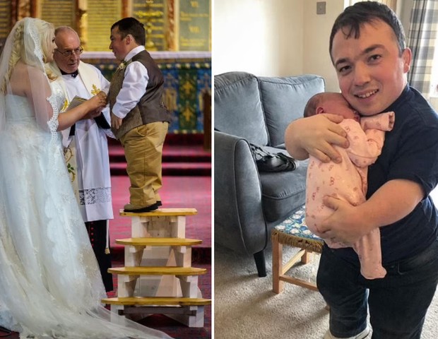 James precisou de uma escadinha no altar e, ao lado, com a filha Olivia (Foto: Reprodução/Daily Mail)