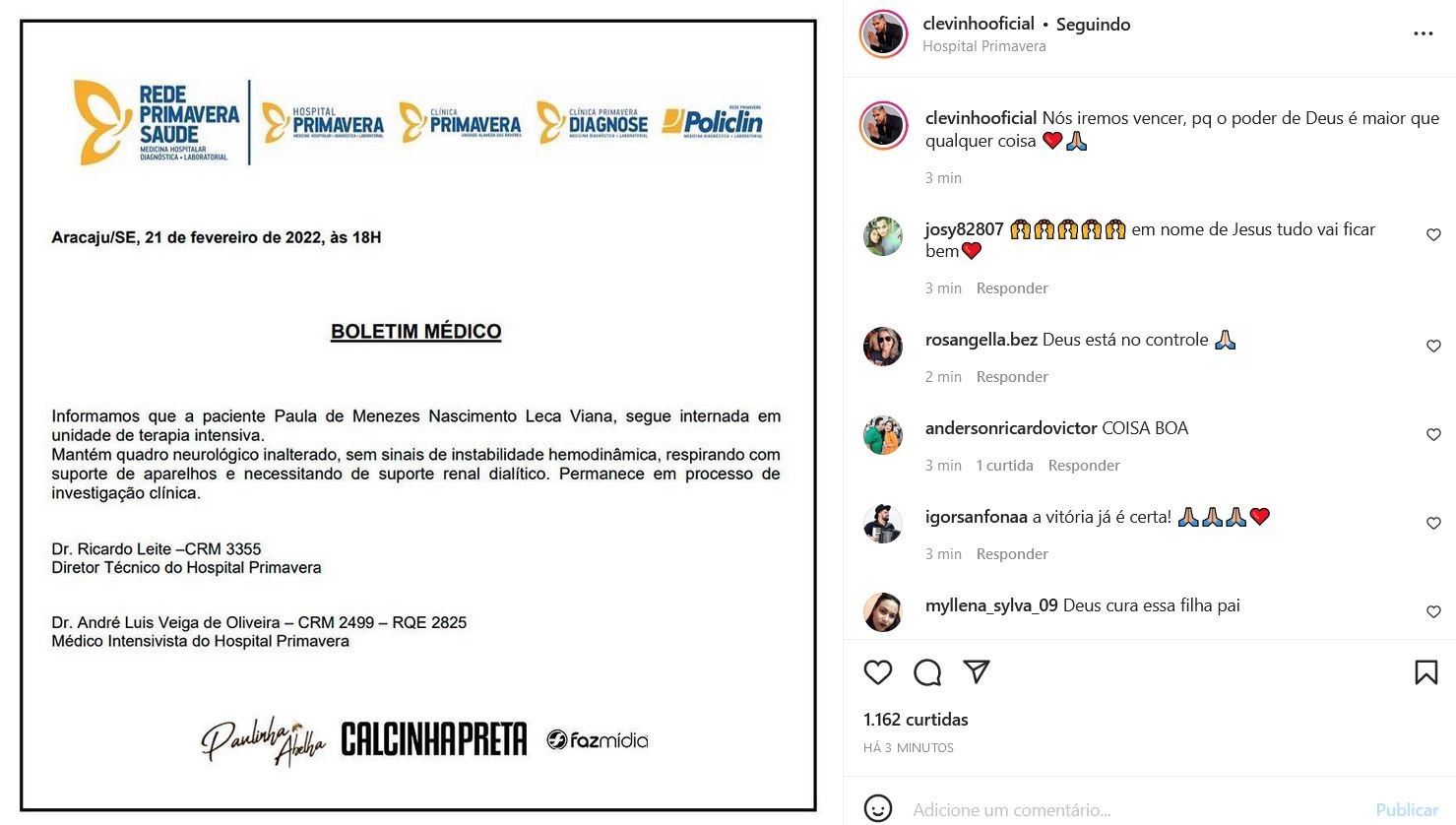 Clevinho Santos divulga novo boletim médico da mulher (Foto: Reprodução/Instagram)