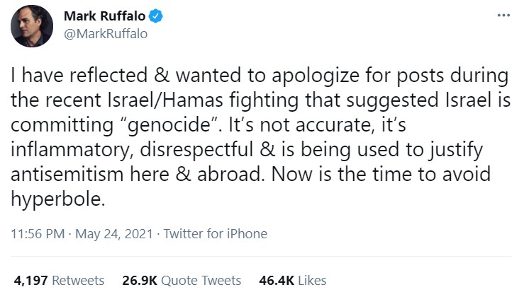O pedido de desculpas do ator Mark Ruffalo (Foto: Reprodução / Twitter)