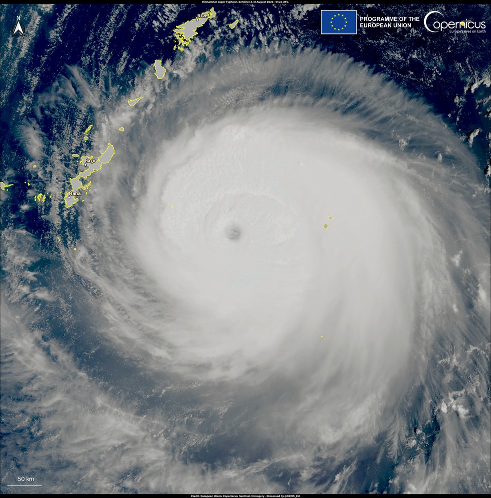 Super tufão Hinnamnor visto do satélite Copernicus Sentinel — Foto: Copernicus