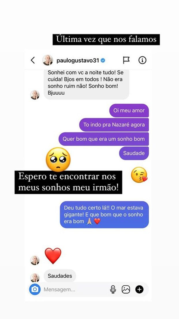 Pedro Scooby mostra última conversa com Paulo Gustavo (Foto: Reprodução / Instagram)