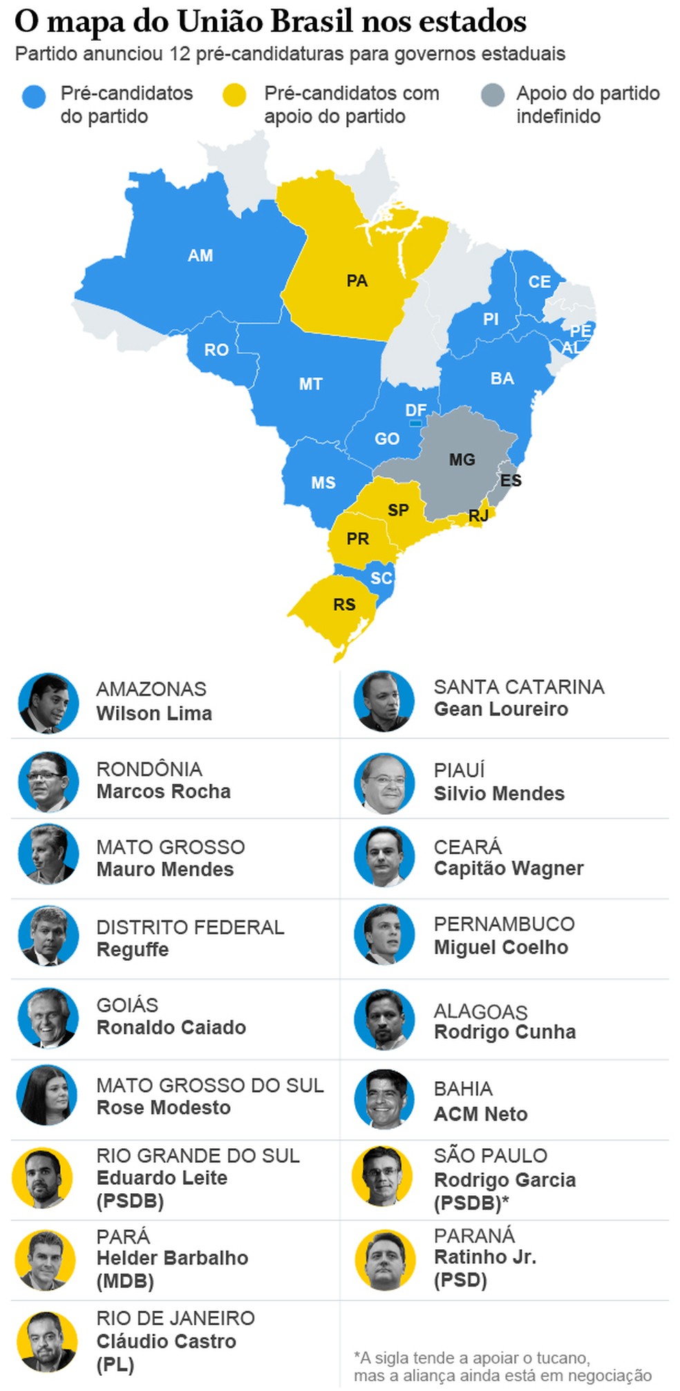 Mapa de distribuiÃ§Ã£o de candidatos e apoios do UniÃ£o Brasil â Foto: Infografia/O GLOBO
