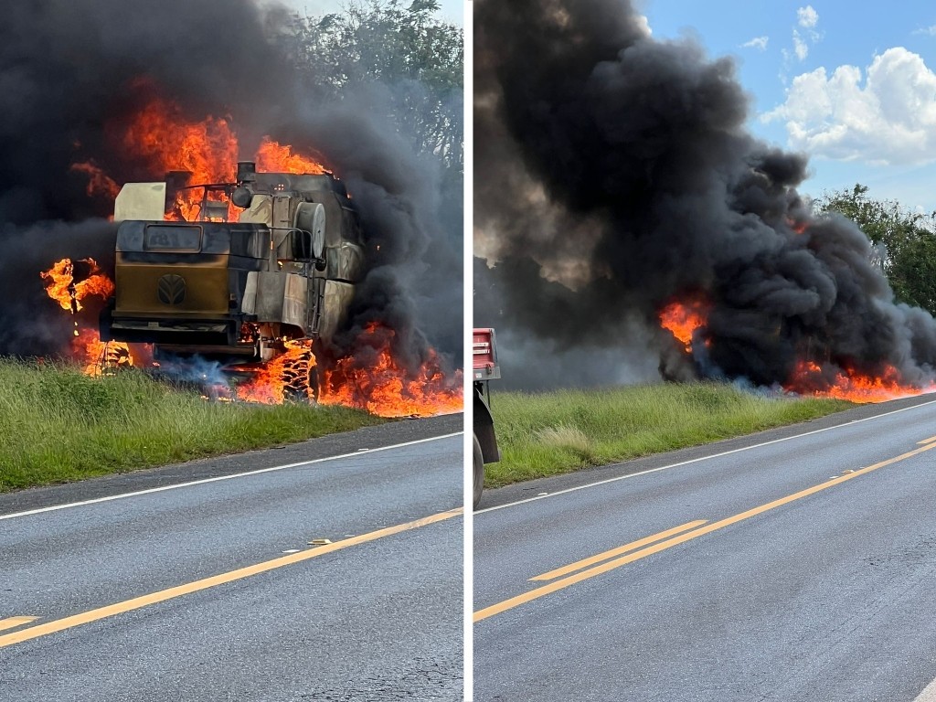 Máquina agrícola pega fogo em rodovia de Itaberá