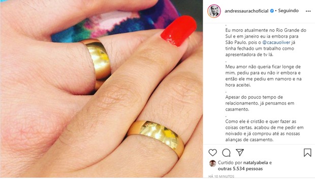 Noiva, Andressa Urach mostra aliança de casamento (Foto: Reprodução/Instagram)