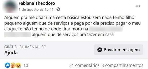 Fabiana e muitos outros brasileiros têm recorrido às redes sociais em busca de doações ou ajuda financeira (Foto: Reprodução/Facebook)