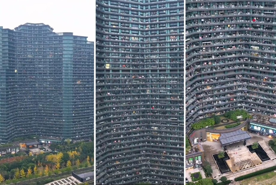 Cerca de 20 mil pessoas se amontoam na torre em forma de 'S' do Hangzhou Regent International, na China