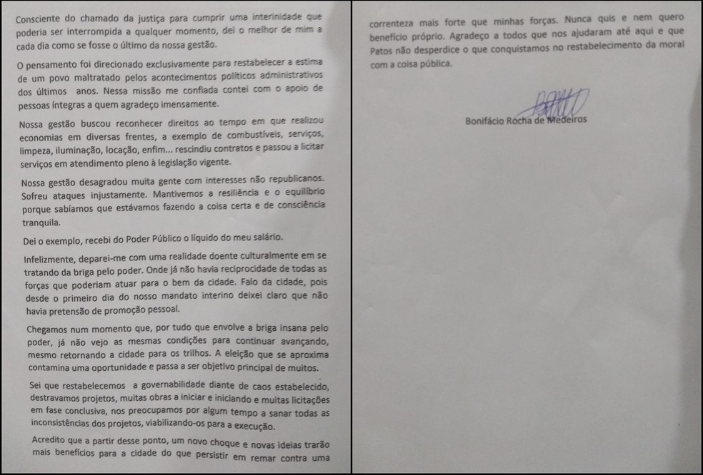 A carta renúnia foi lida pelo presidente da Câmara de Vereadores, Sales Júnior, durante sessão ordinária. — Foto: Reprodução/Mizael Nóbrega