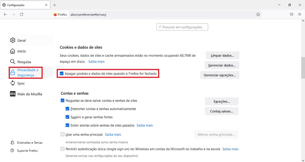 Limpe os cookies do Firefox para obter uma navegação com maior privacidade — Foto: Reprodução/Juliana Campos