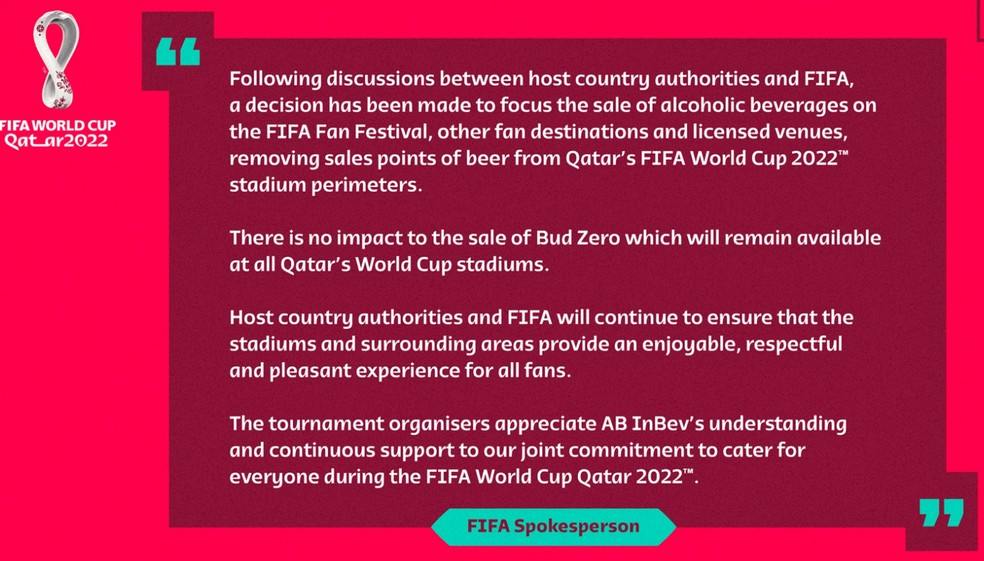 Comunicado da Fifa proibindo o consumo de álcool dentro dos estádios da Copa do Mundo do Catar. — Foto: Reprodução 