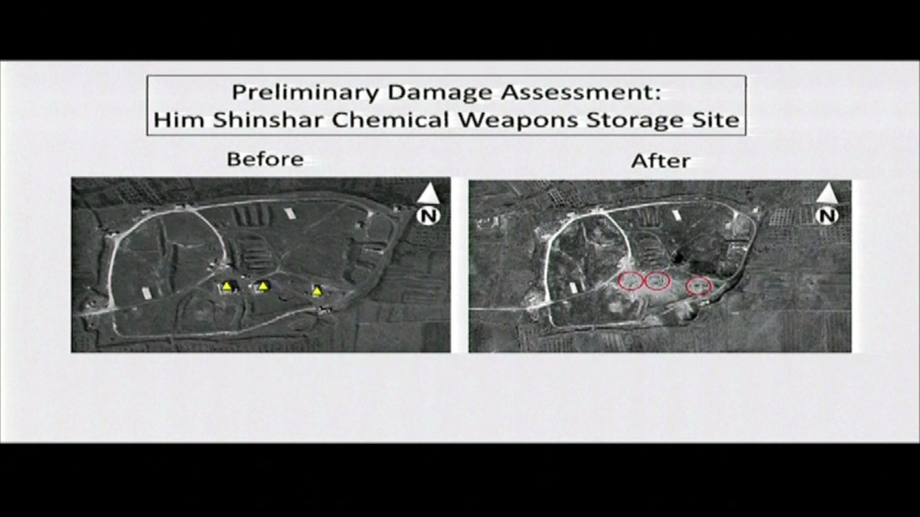 Imagens divulgadas pelo Pentágono mostram antes e depois de área atacada pelos EUA, Reino Unido e França. (Foto: Divulgação)