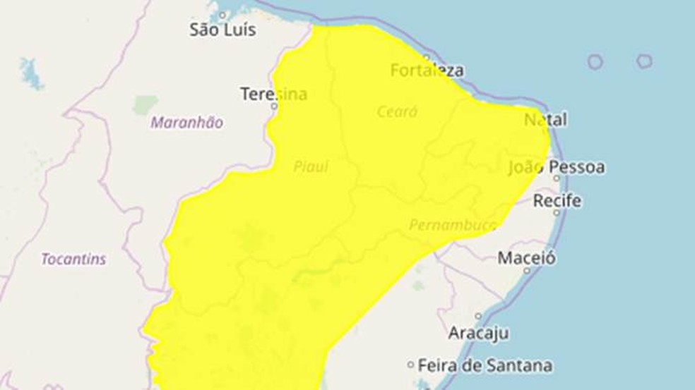 Alerta amarelo do Inmet é para chuvas e ventos intensos na Paraíba — Foto: Reprodução/Inmet