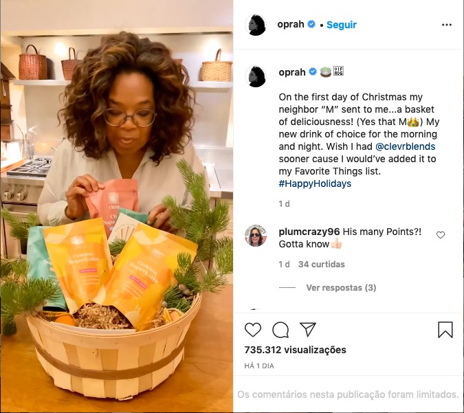 O post da atriz e apresentadora Oprah Winfrey promovendo a marca de café de Meghan Markle com o emoji de uma coroa, em referência à Família Real Britânica (Foto: Instagram)