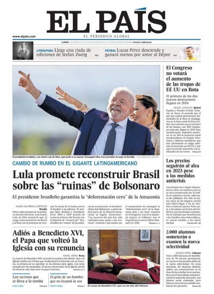 Jornal espanhol 'El País' destaca a posse de Lula — Foto: Reprodução