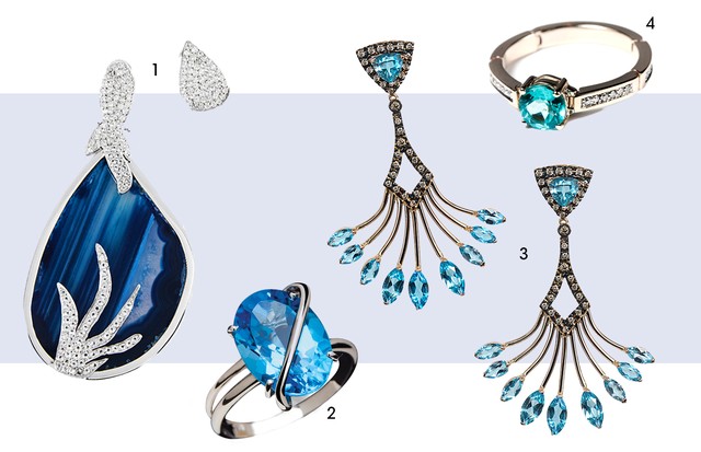 Azul: (1) brinco Lo Burgard; (2) anel The Graces, coleção New Wave; (3) brinco Chroma e (4) anel Ara Vartanian (Foto: Arte Vogue Online)