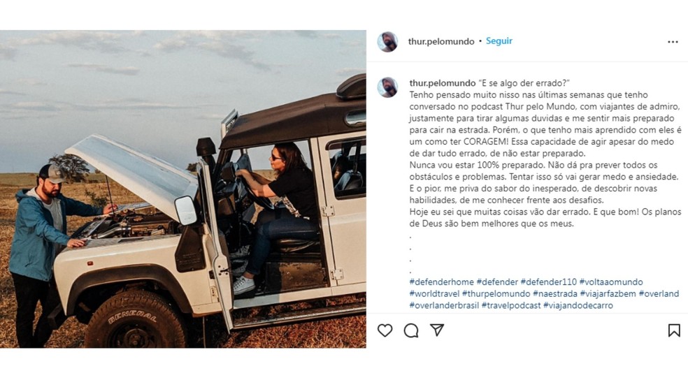 A bordo de um carro Land Rover Defender, de 1997, o casal de Bauru deve percorrer as estradas pelo mundo — Foto: Reprodução/Instagram