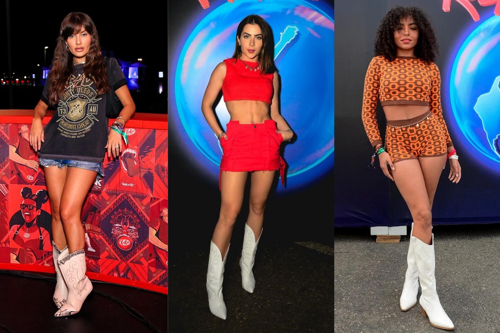 No Rock in Rio 2022, Thais Braz, Jade Picon e Any Gabrielly usaram botas cowboy na cor branca — Foto: AgNews/Instagram/Reprodução