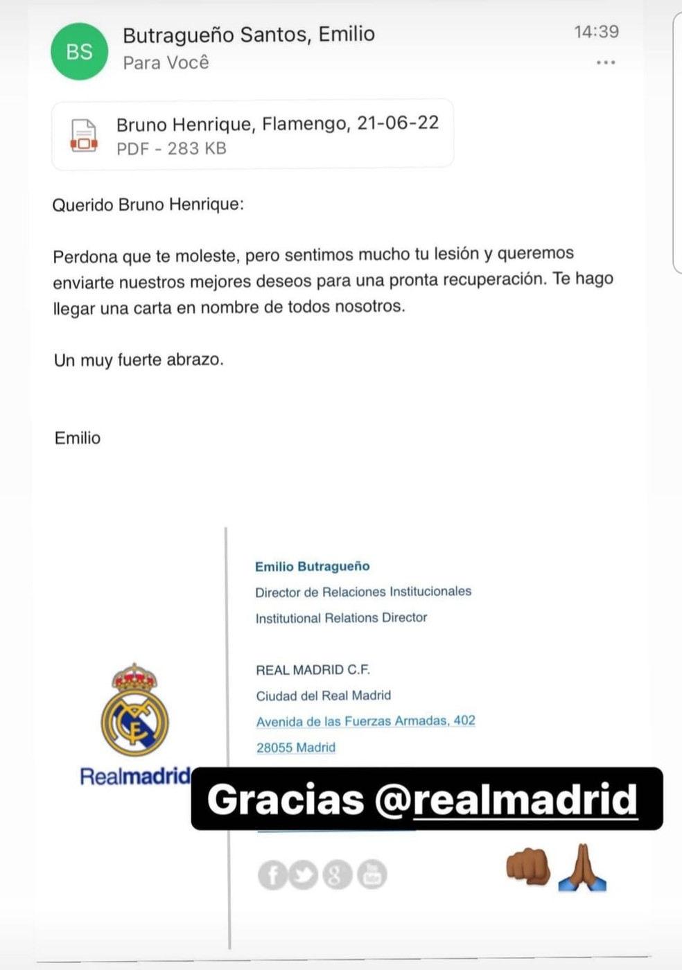 Carta do Real Madrid para Bruno Henrique, do Flamengo — Foto: Reprodução