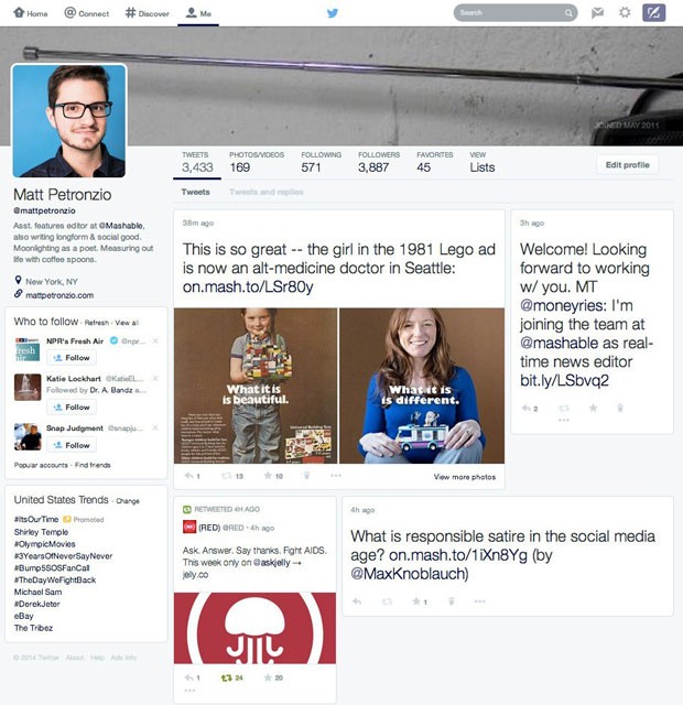 Twitter testa novo layout para de sua página, que aproximará o microblog das redes sociais Facebook e Google+. (Foto: Reprodução/Mashable.com)