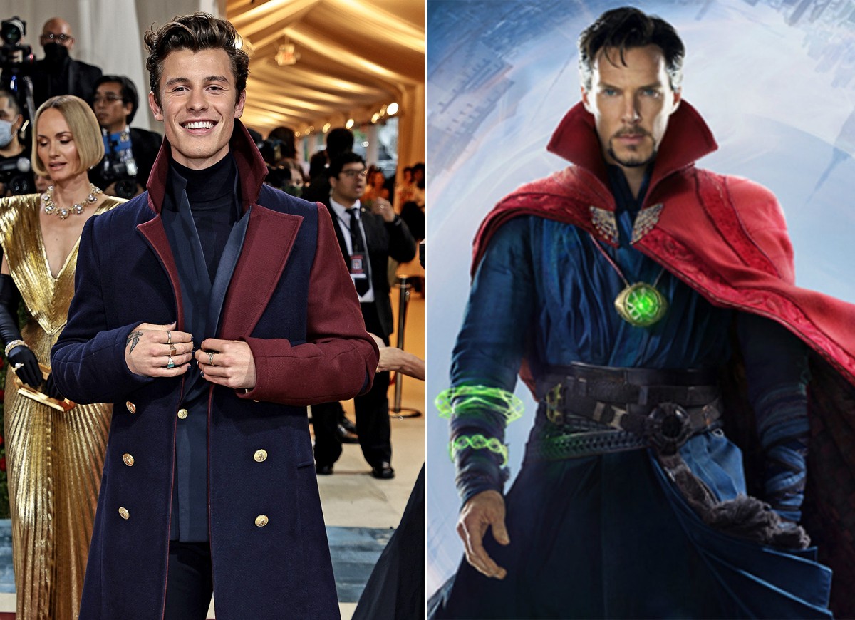 No Met Gala 2022, Shawn Mendes usa look que foi comparado ao de Doutor Estranho (Foto: Getty Images e Divulgação/Marvel Studios)