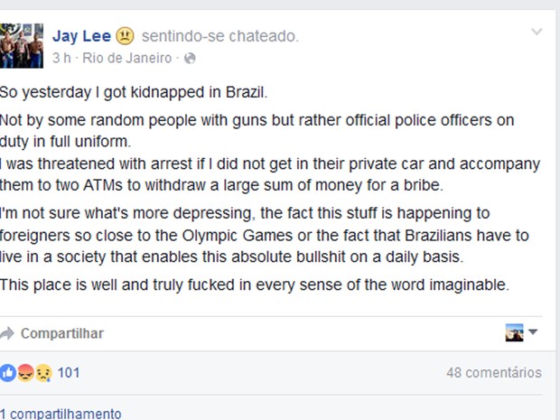 Atleta Jay Lee postou em redes sociais que foi assaltado (Foto: Reprodução/Facebook)