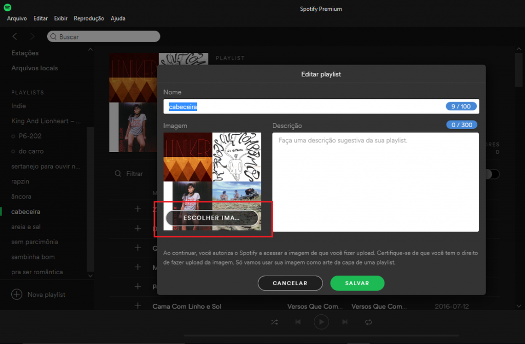 Spotify: clique em escolher imagens (Foto: Reprodução/Luana Marfim)