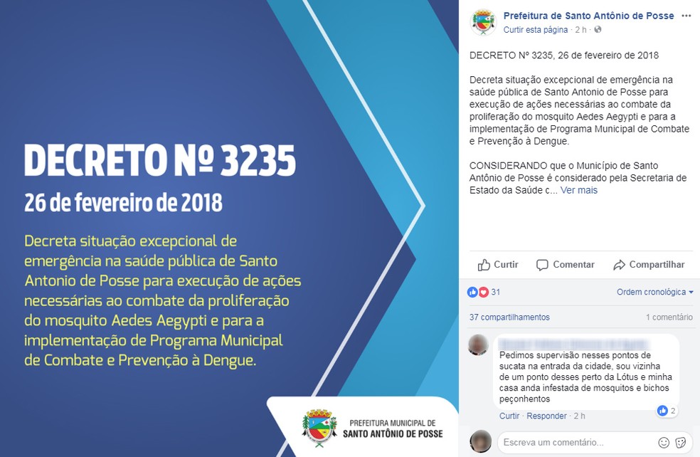 Prefeitura anunciou o decreto de situação de emergência na saúde nas redes sociais (Foto: Reprodução)