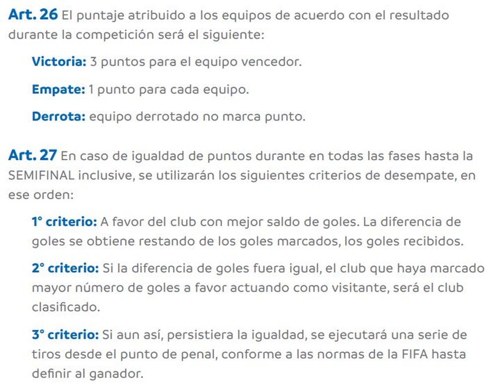 Art. 27 do regulamento da Sul-Americana parece citar critÃ©rios de desempate de jogo mata-mata (Foto: ReproduÃ§Ã£o)