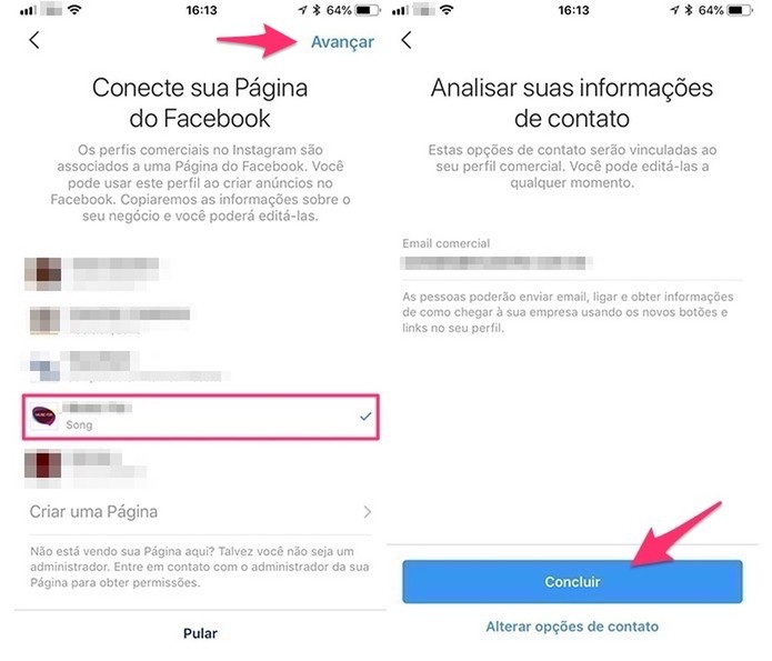 Ação para escolher uma página do Facebook vinculada a uma conta comercial do Instagram (Foto: Reprodução/Marvin Costa) Ação para escolher uma página do Facebook vinculada a uma conta comercial do Instagram (Foto: Reprodução/Marvin Costa)